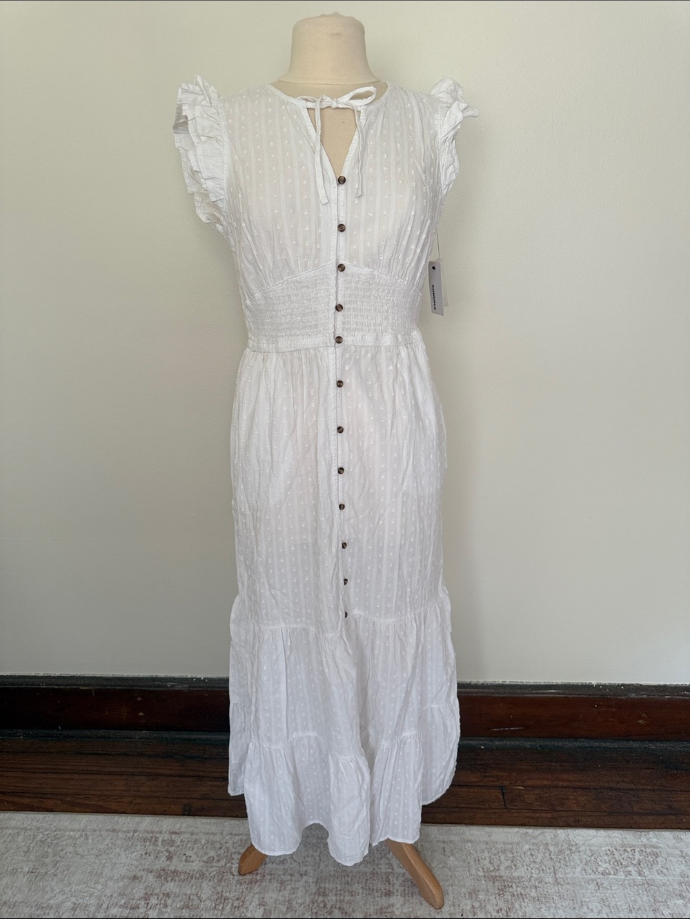Sonoma White Swiss Dot Maxi Dress with Ruffle Sleeves